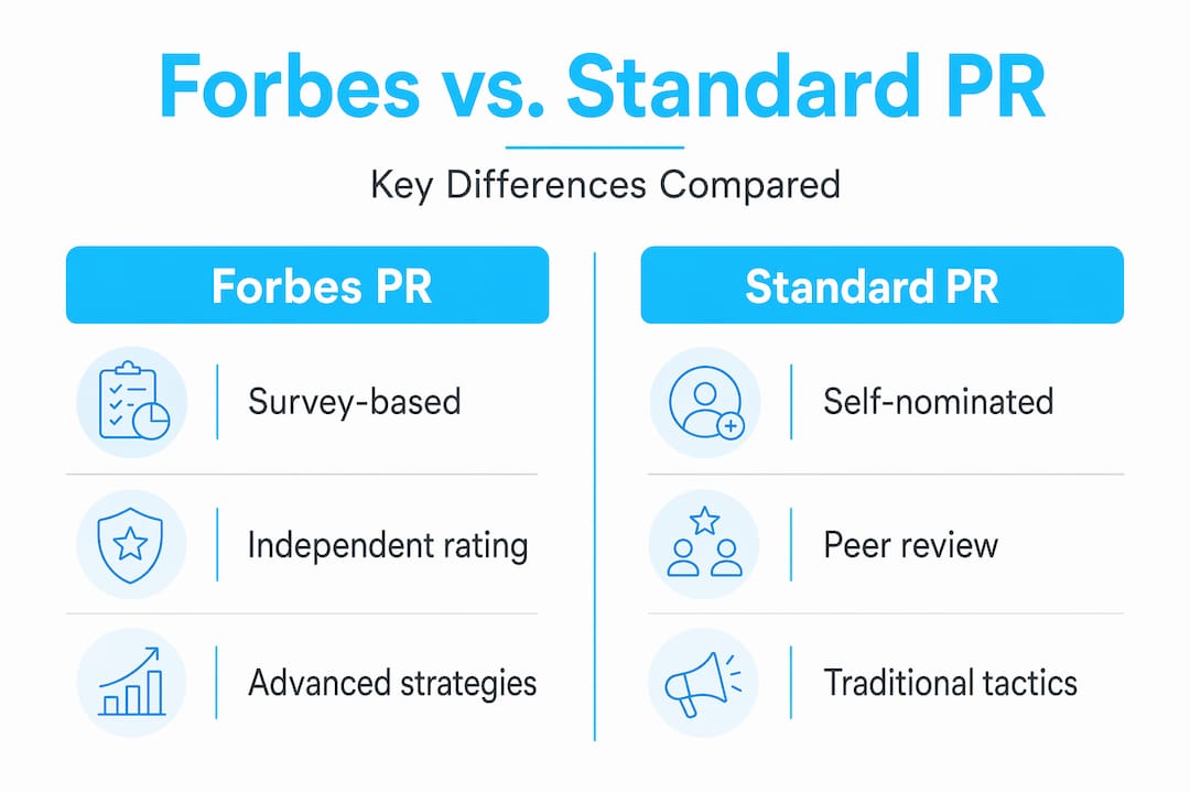 Infographic comparing Forbes-recognized versus standard PR firms