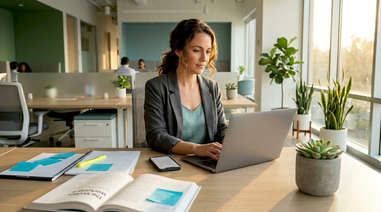 Woman writing thought leadership article at desk