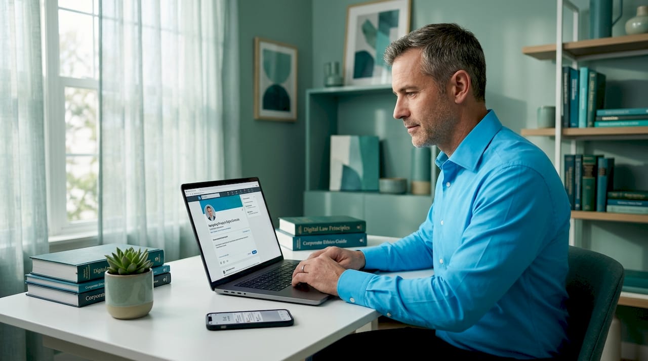 Attorney composing ethical social media post at home desk