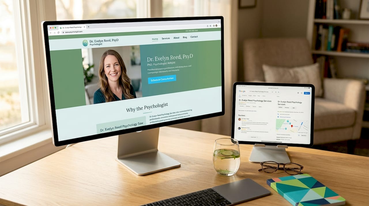Computer showing psychologist professional website