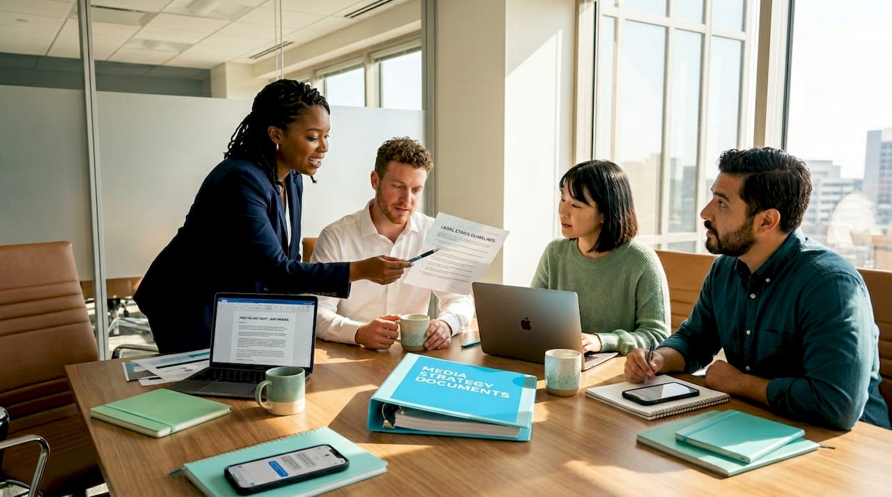 Legal PR team collaborating around table