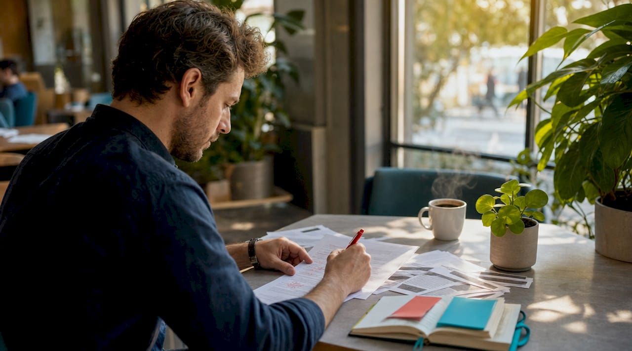 Journalist crossing out irrelevant pitch notes