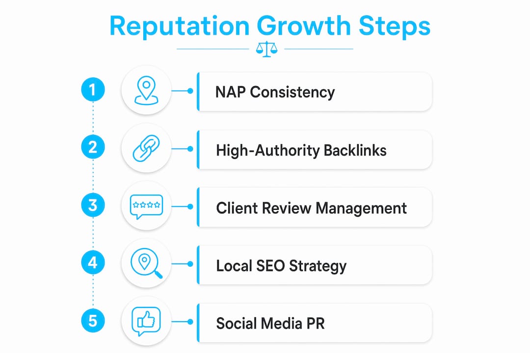 Infographic illustrating steps to grow legal reputation