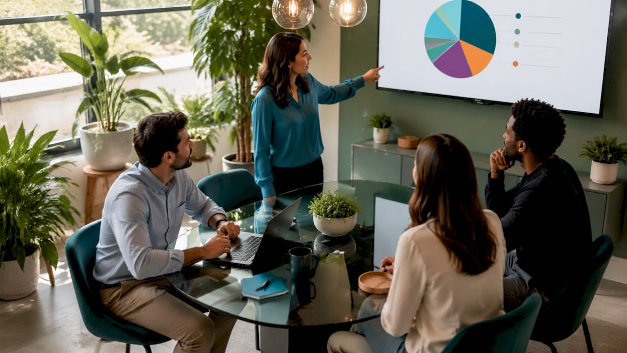 Team discussing legal ad spend chart in conference room