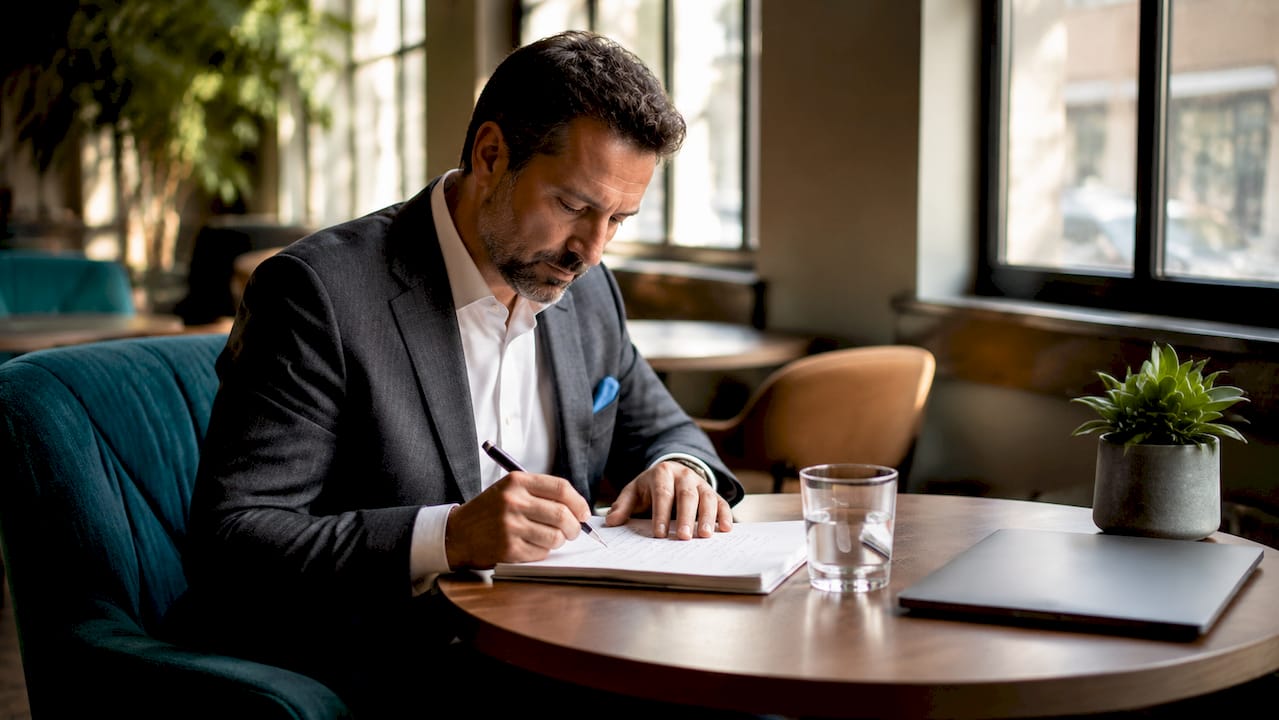 Lawyer preparing notes for media interview