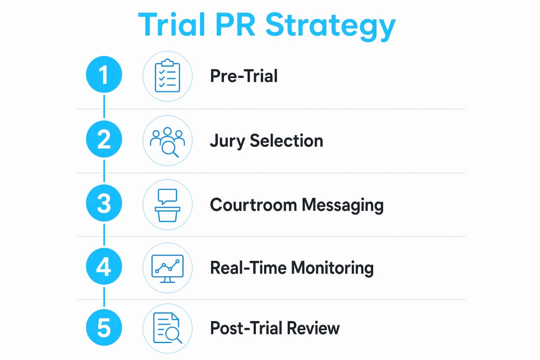 Infographic outlining five steps of trial public relations strategy