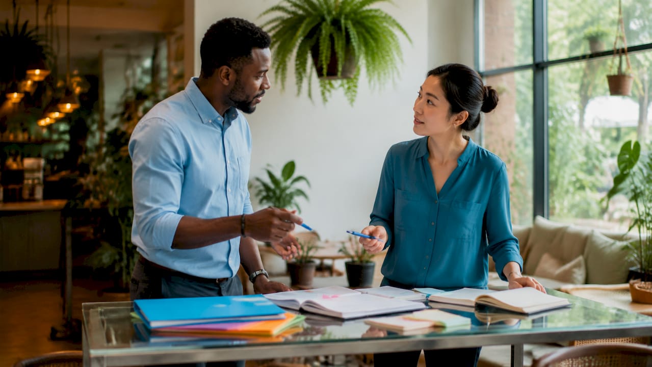 Two PR consultants discussing mental health media strategies
