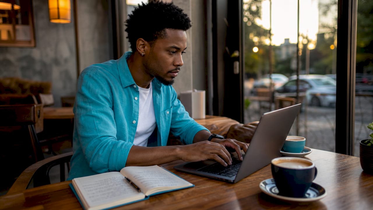 Focused man typing mental health press release