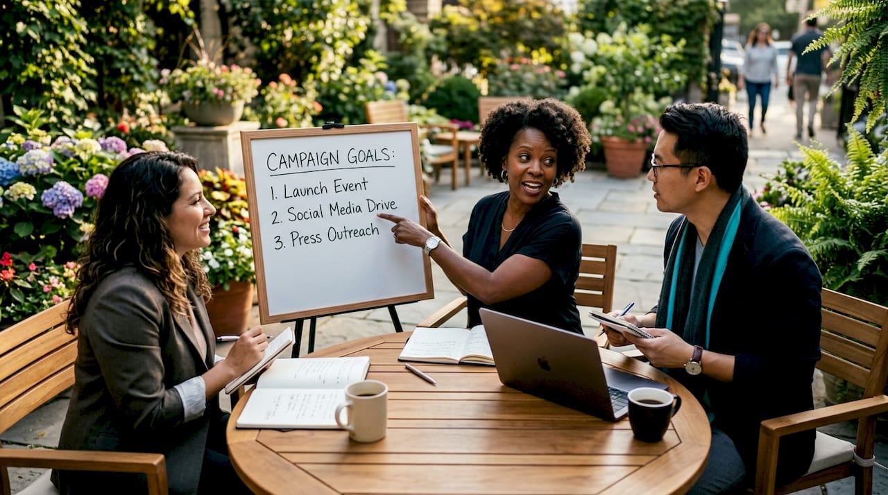 Diverse PR team collaborating on advocacy campaign