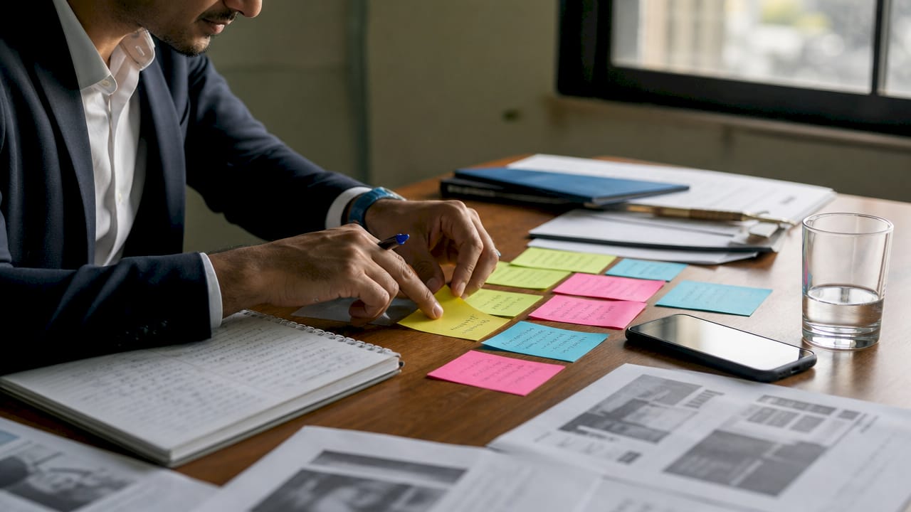 Overhead view of hands arranging pitch angle sticky notes