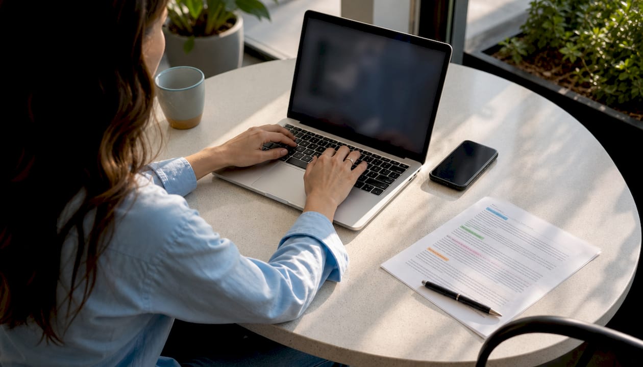 Hands typing on laptop amid media monitoring materials
