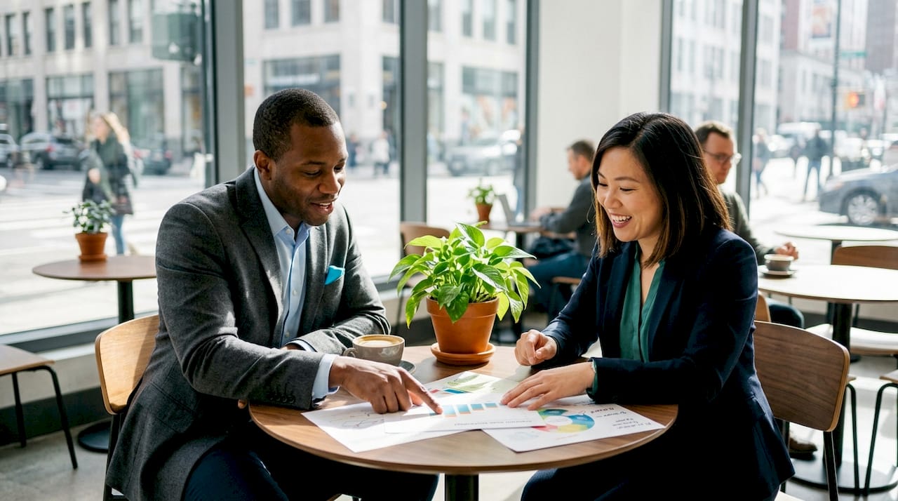 Two lawyers discussing marketing strategy in conference room