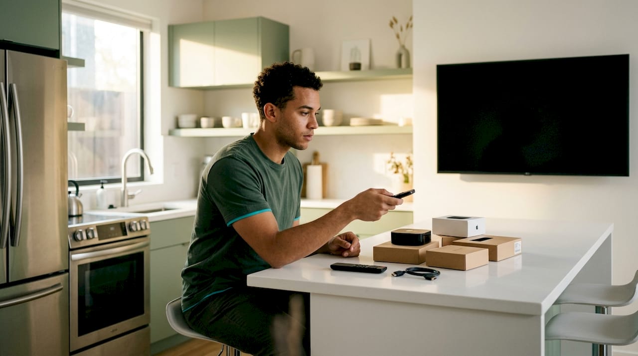 Person adjusting connected TV setup in living room