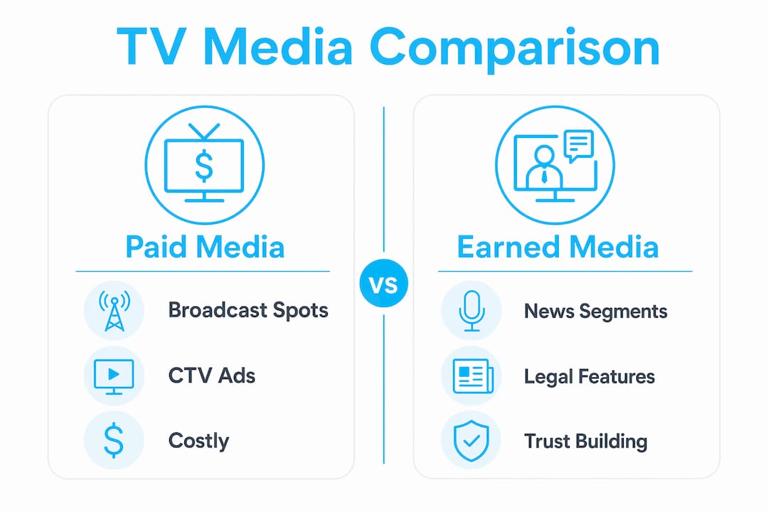 Infographic comparing paid and earned TV media for law firms