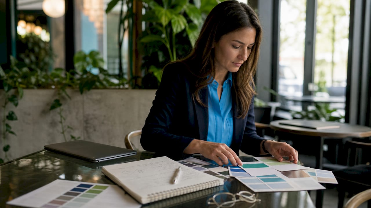 Attorney organizing brand color swatches at desk