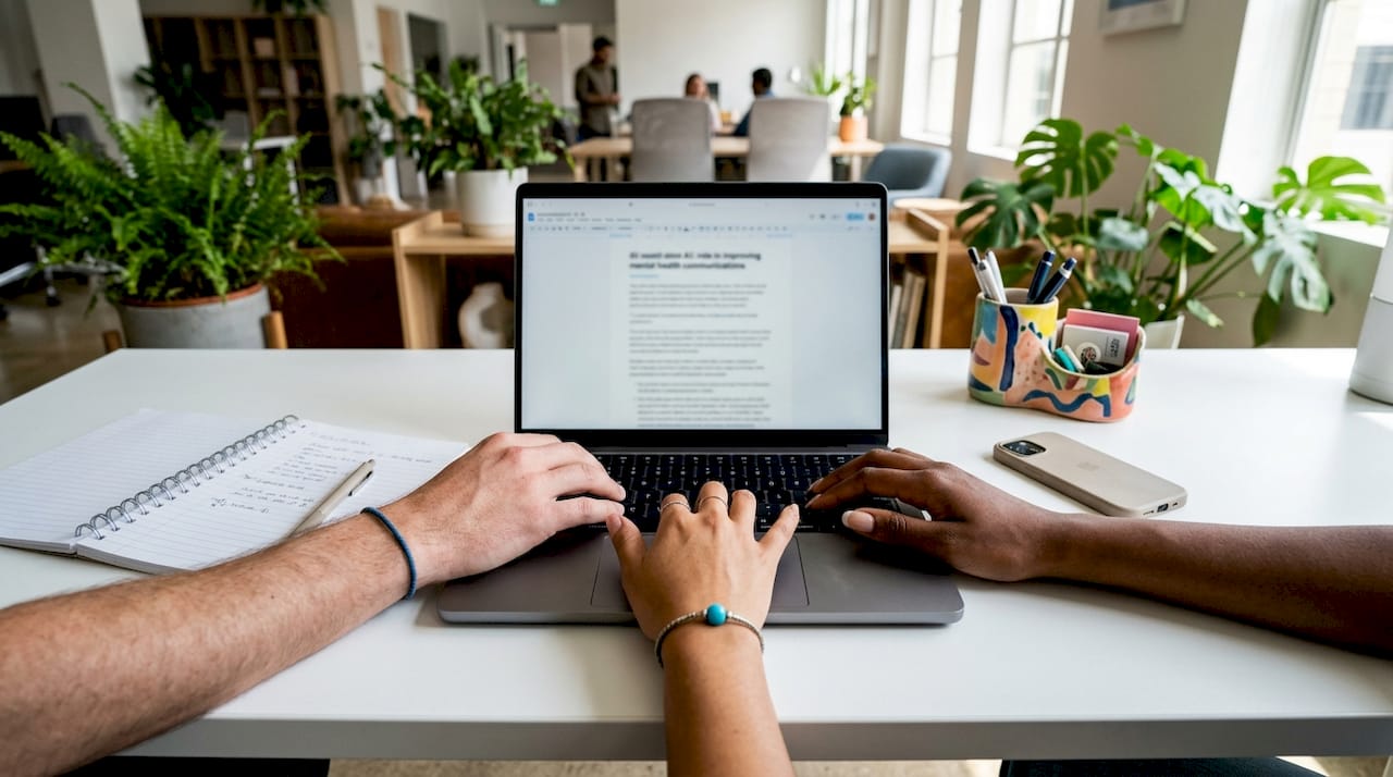 Hands typing on laptop discussing AI impact