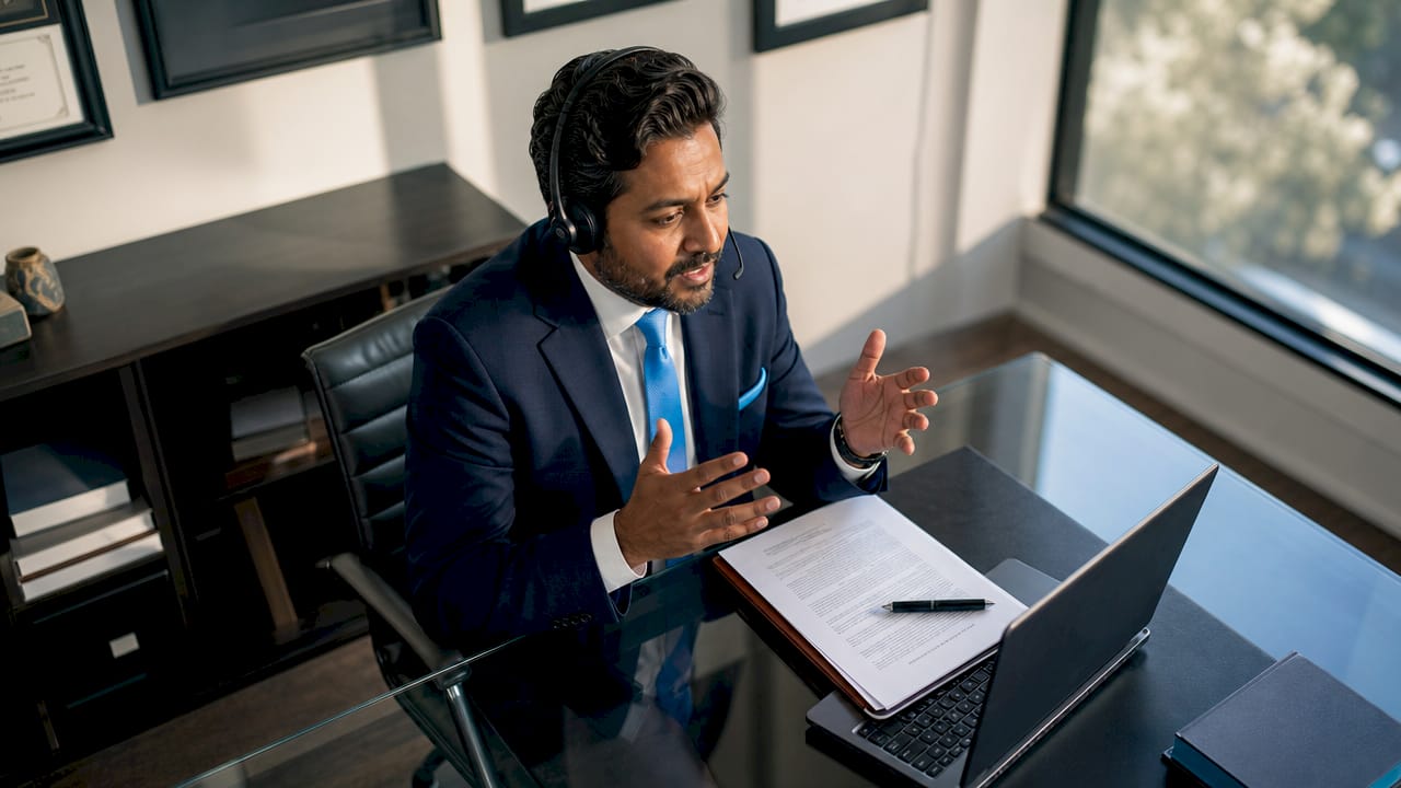 Lawyer pitching journalist on headset in office