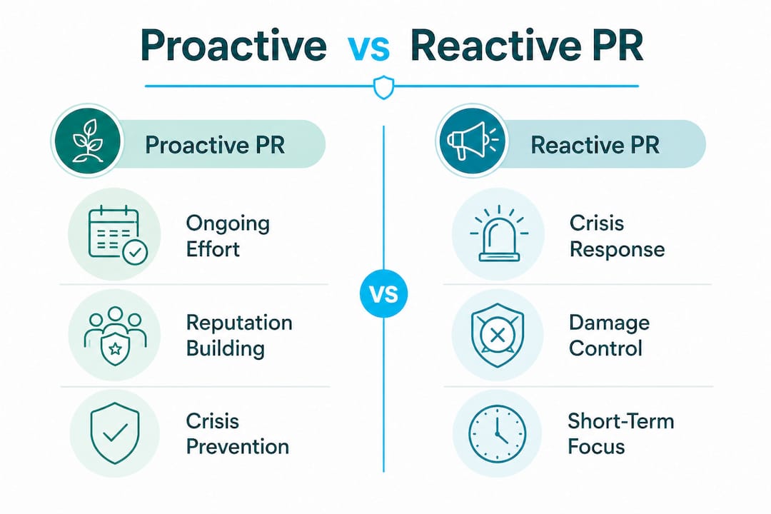 Infographic comparing proactive and reactive PR benefits for attorneys