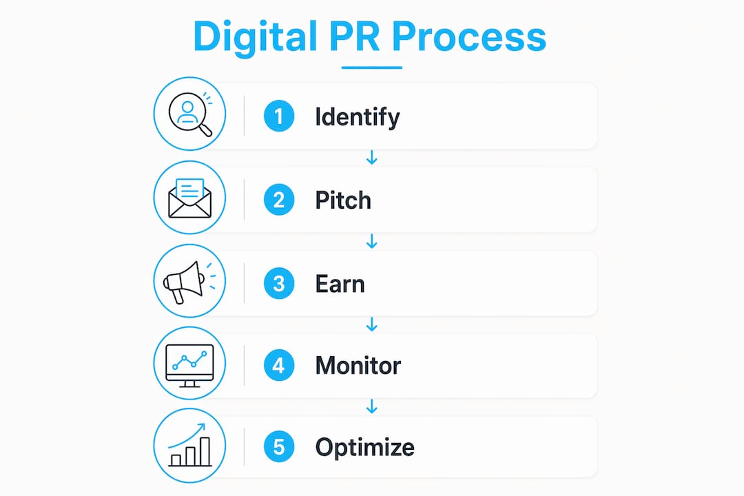 Infographic showing five steps of digital PR process