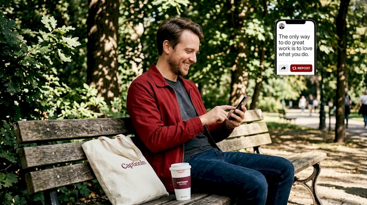Man smiling while reading quote on phone