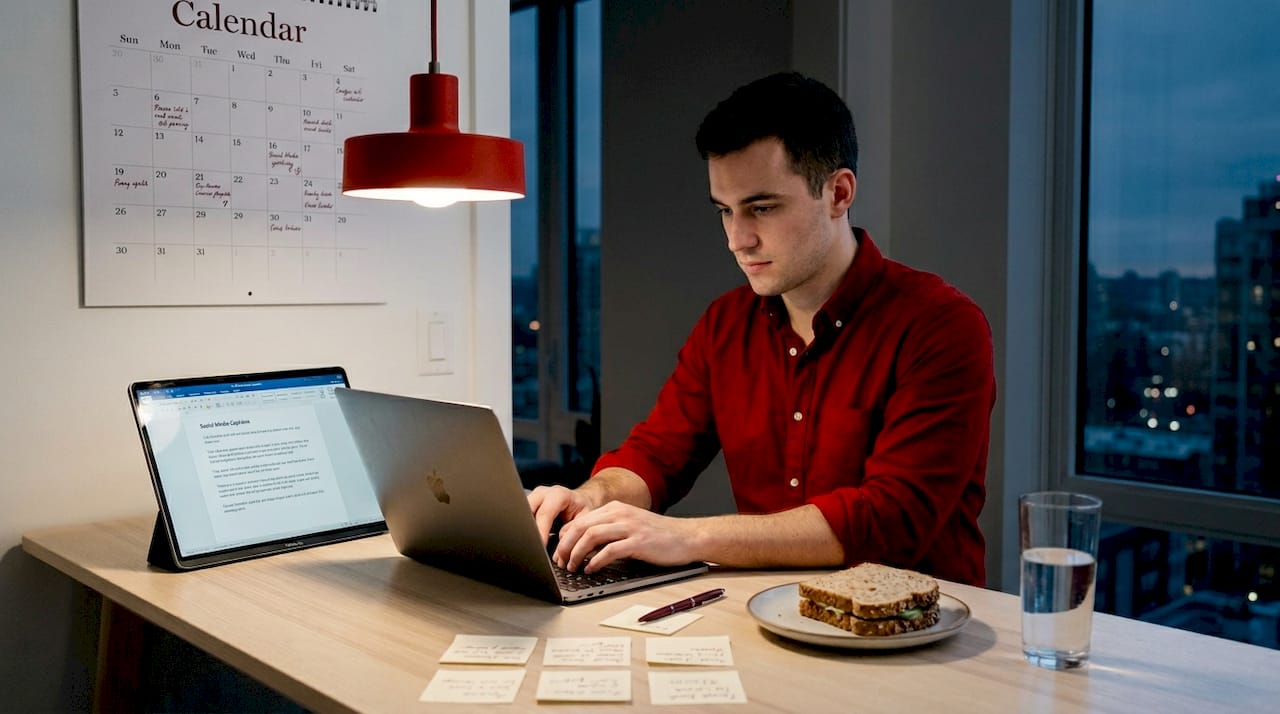 Man batch writing captions at kitchen table