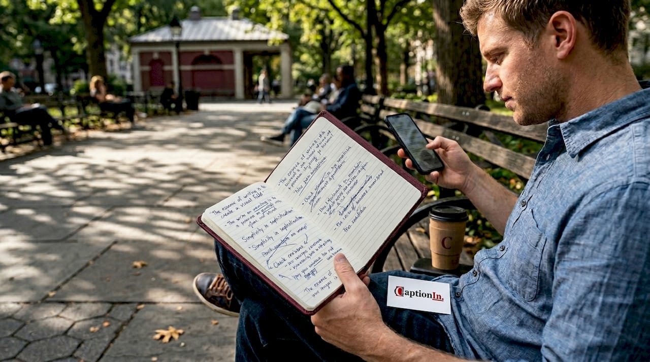 Man reviewing handwritten quotes on park bench