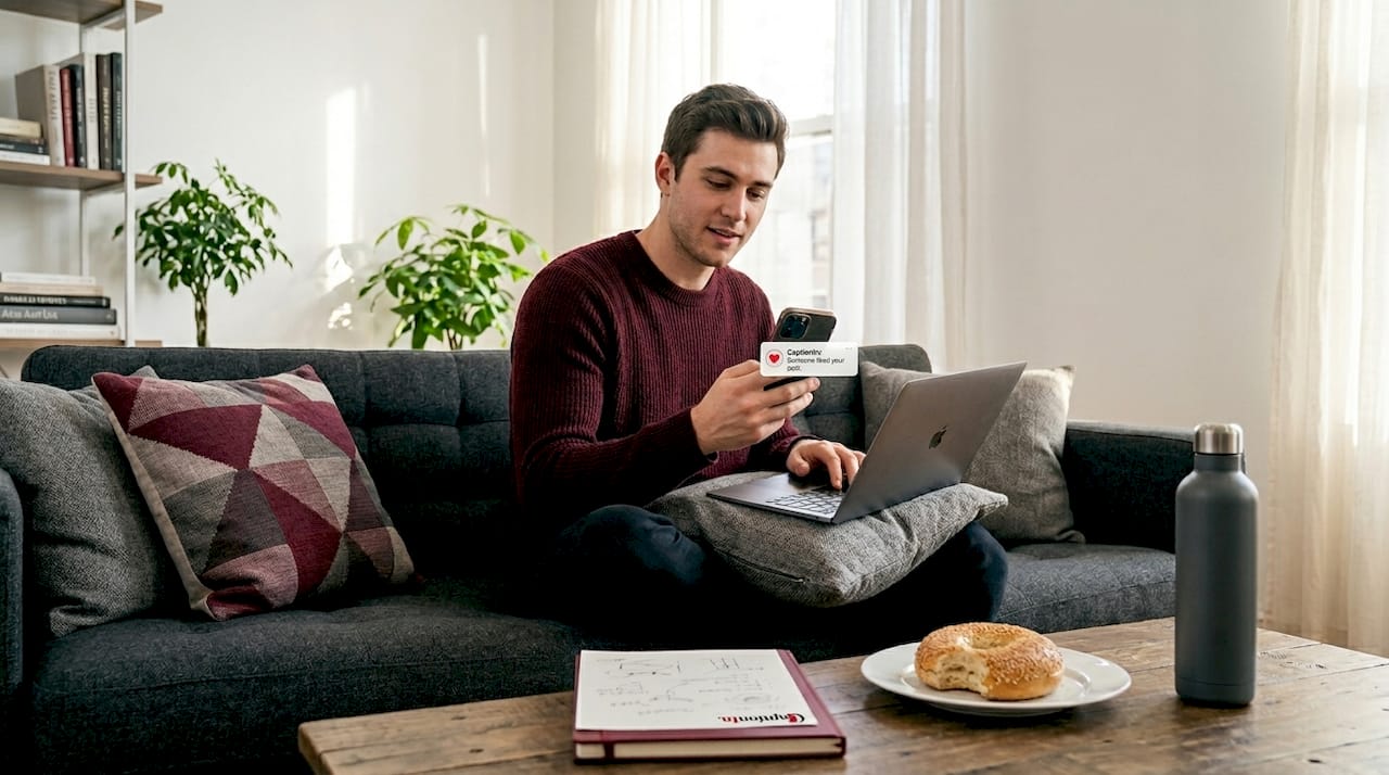 Man on sofa engaging with social media post