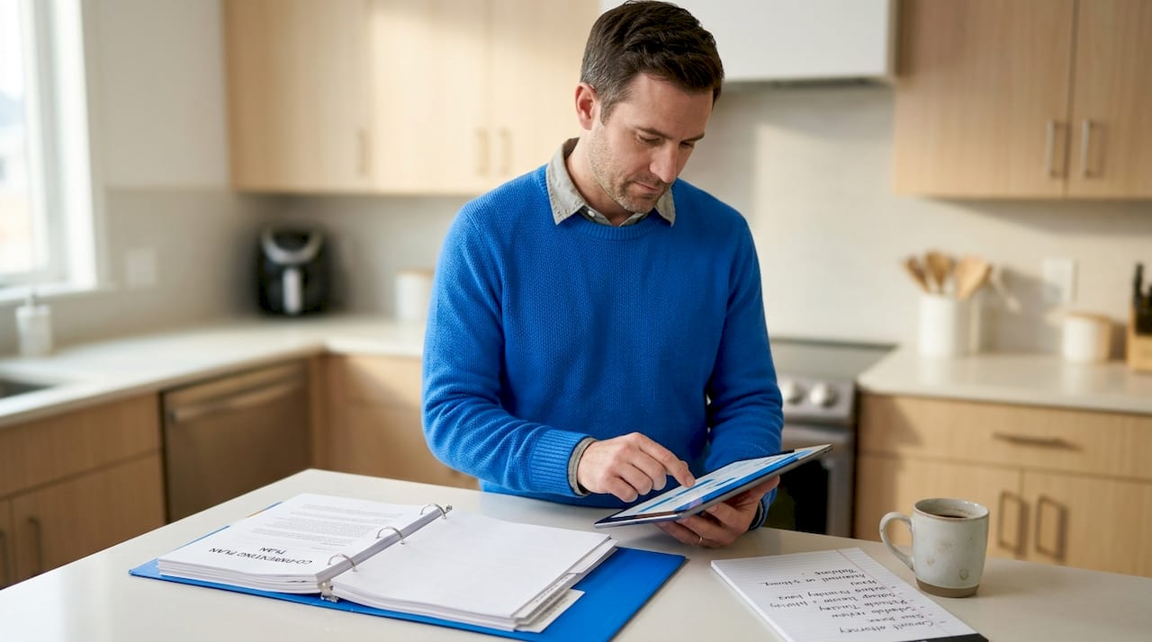 Father reviewing co-parenting app records in kitchen