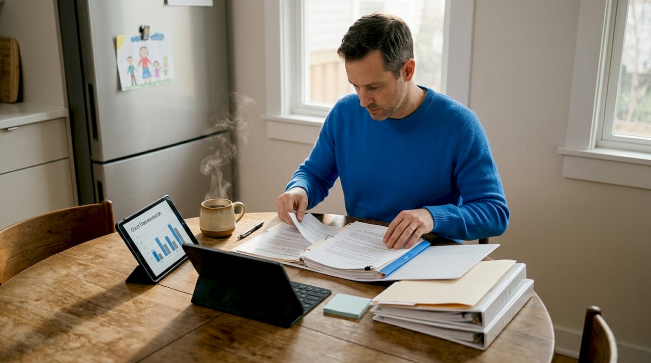Man organizing documents for custody evidence
