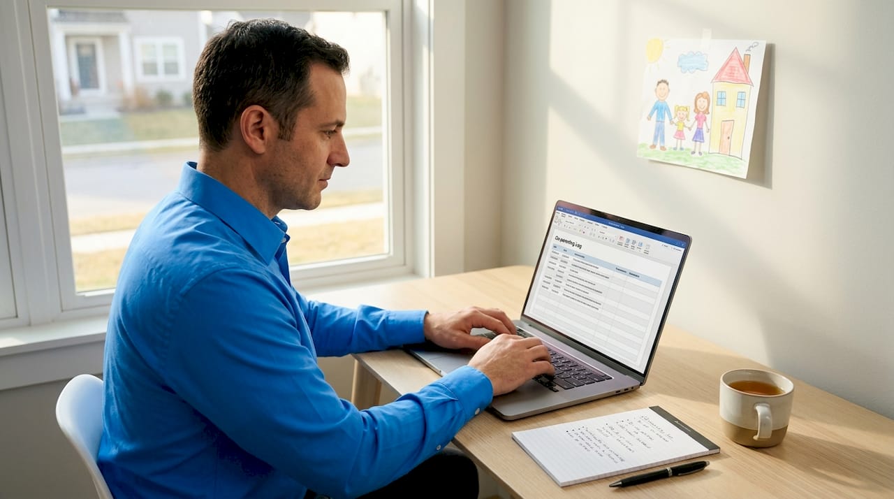 Parent recording co-parenting notes at home desk