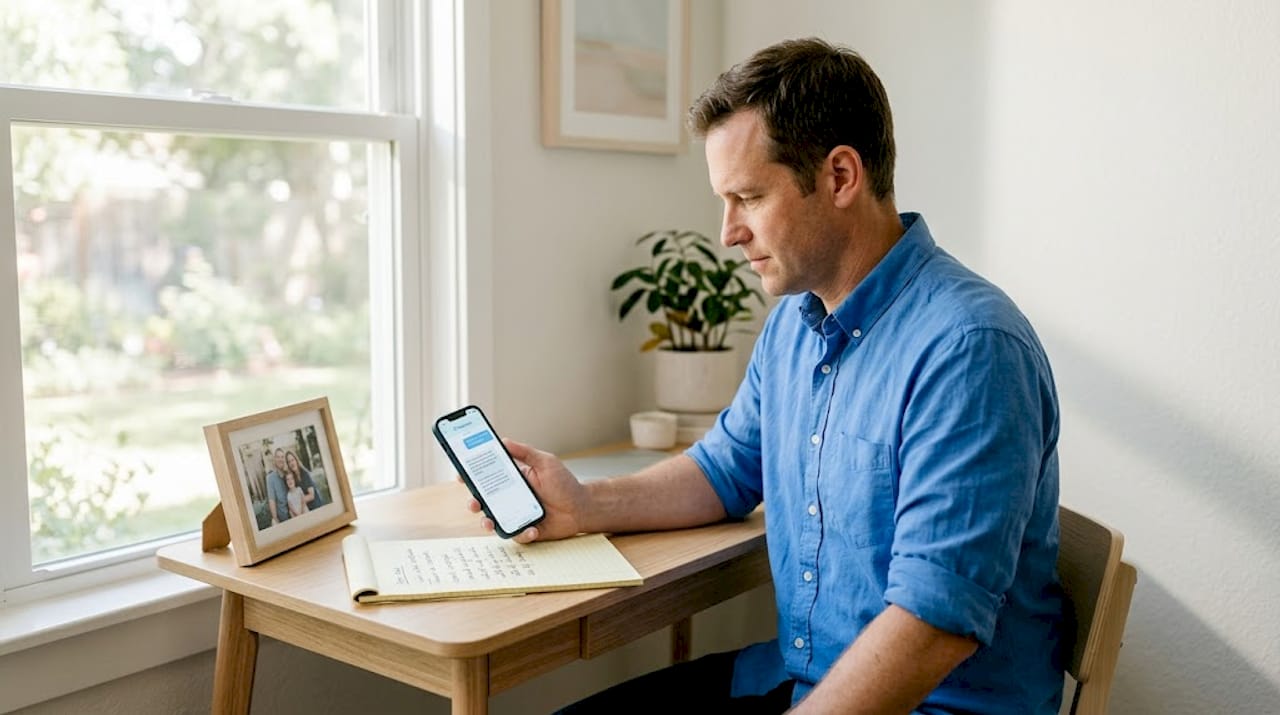 Man reviewing neutral co-parenting message