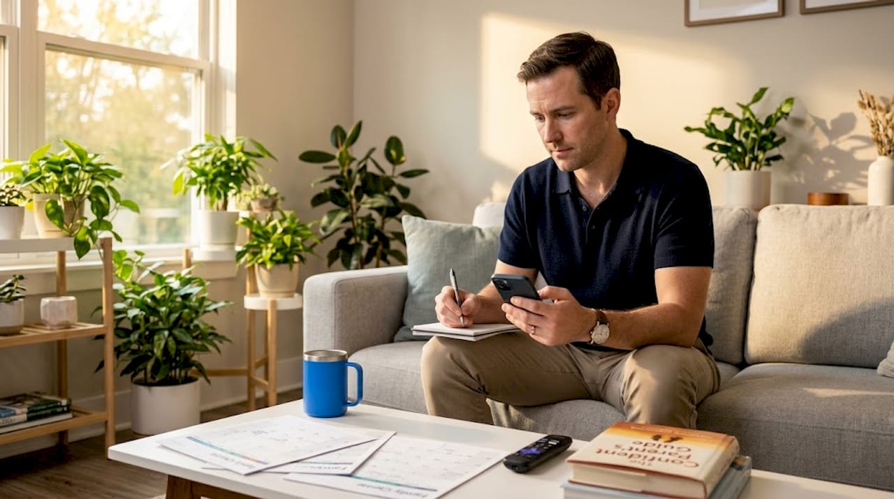 Man reviewing hostile message in living room