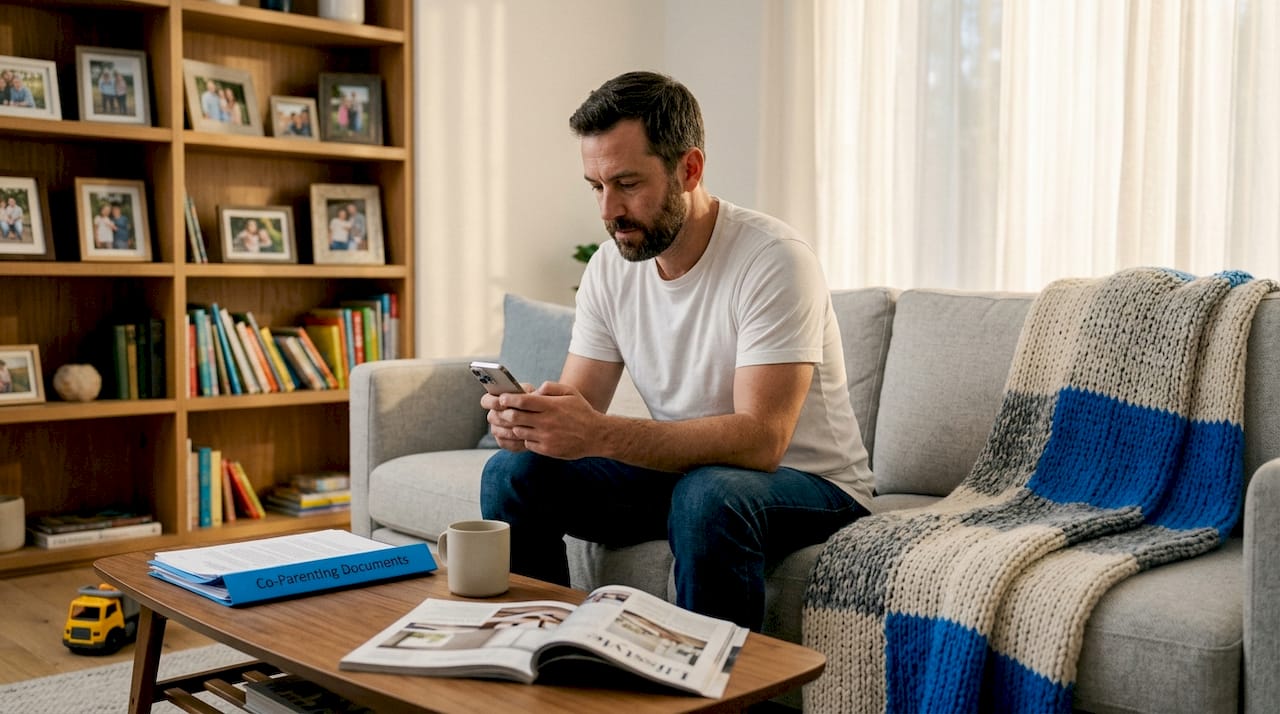 Father texts co-parent in everyday living room scene