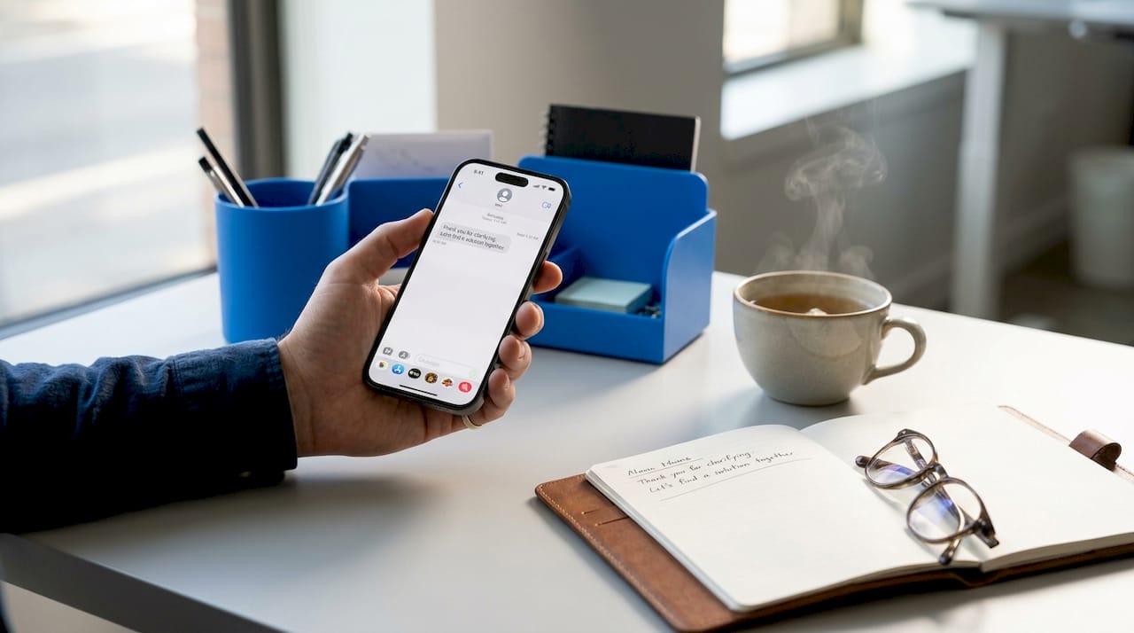 Smartphone with polite short message at café table
