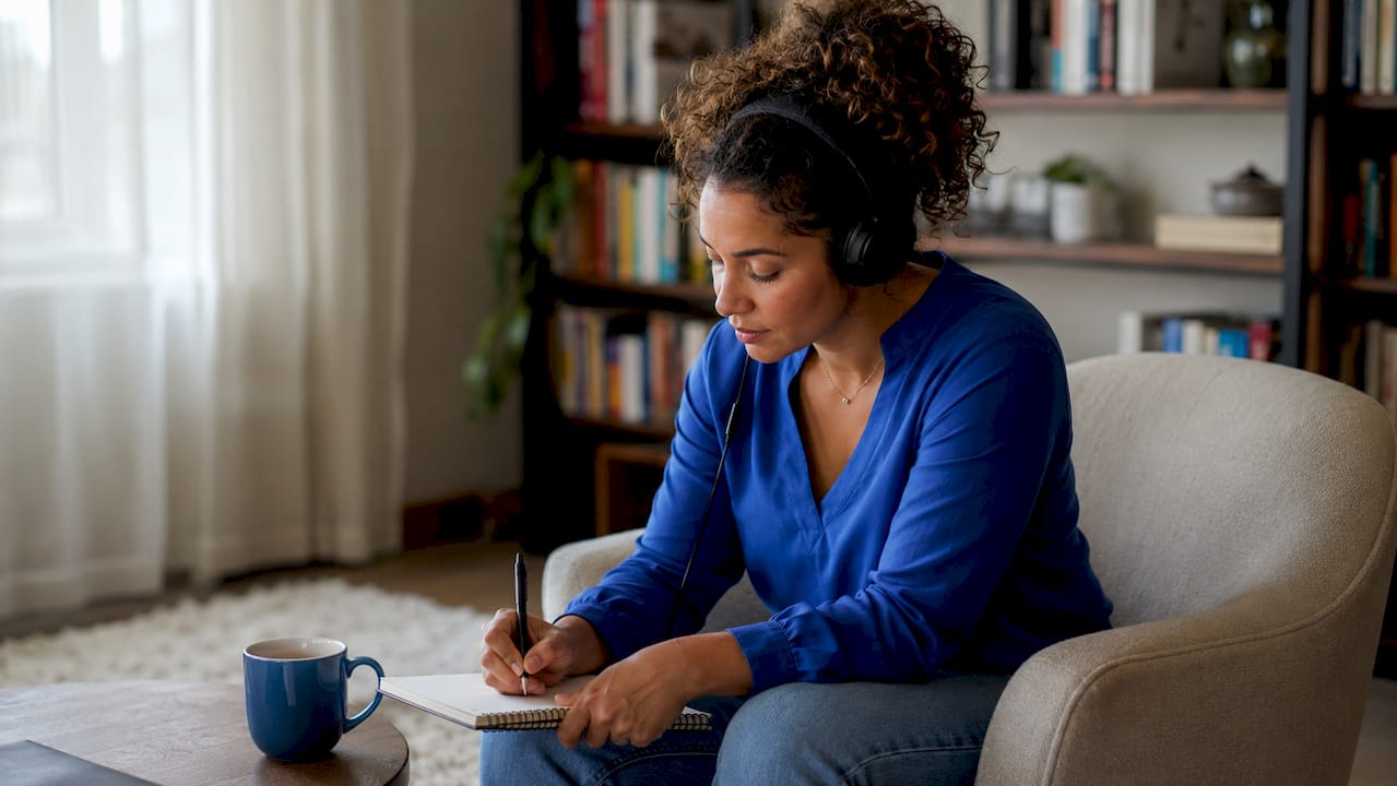 Woman actively listening and taking notes