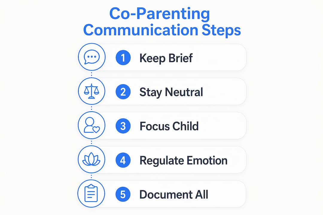 Infographic showing five key co-parenting communication steps