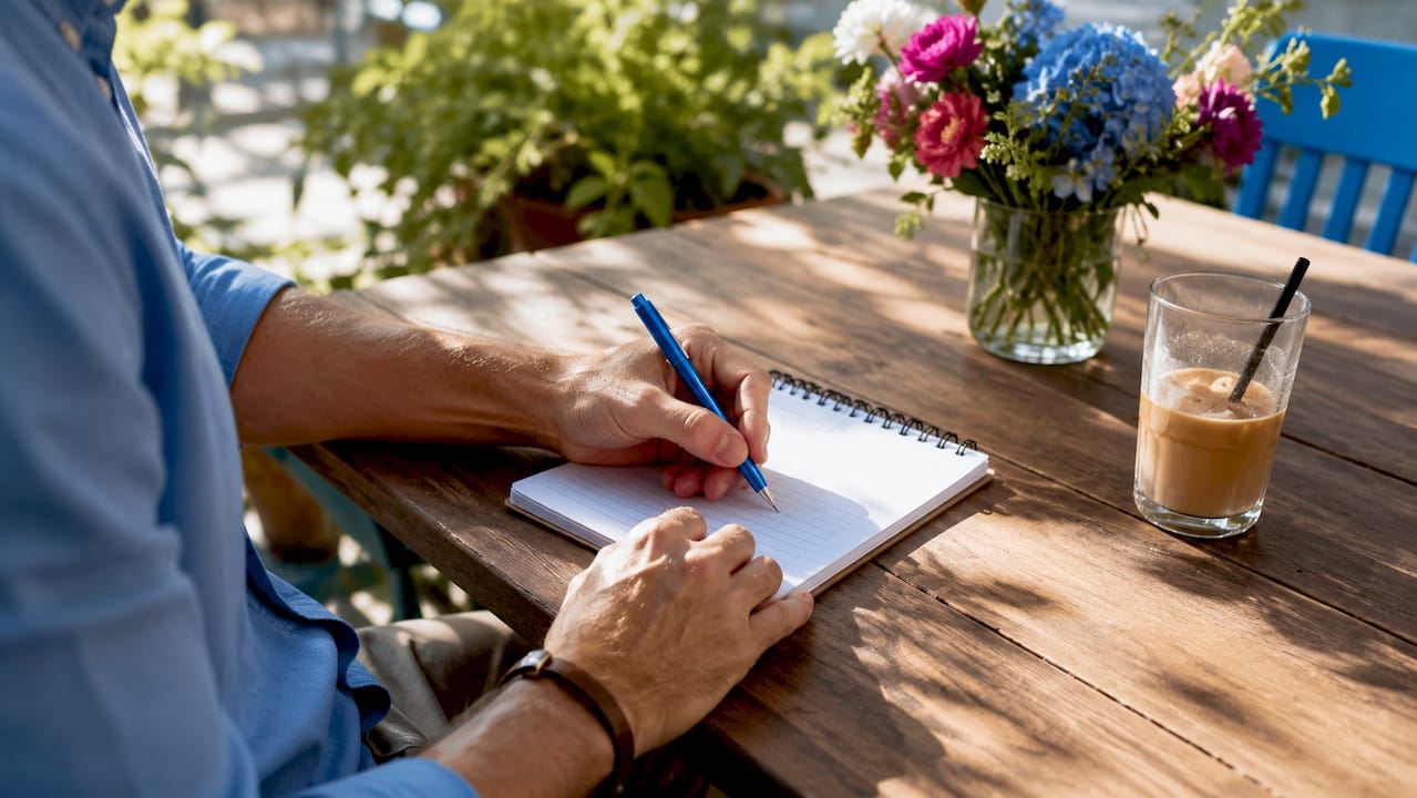 Hands writing boundary assertion notes at café table