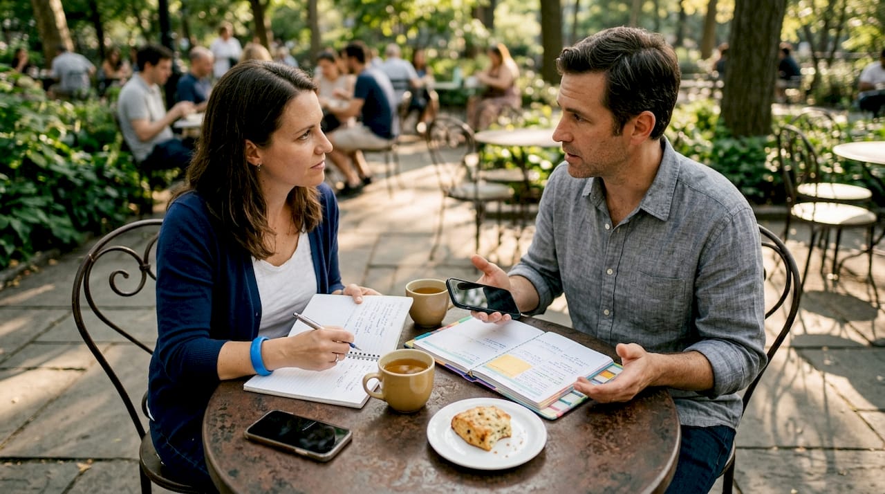 Co-parents discussing schedules over coffee table