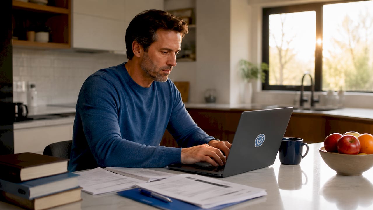 Father drafting structured court replies on laptop