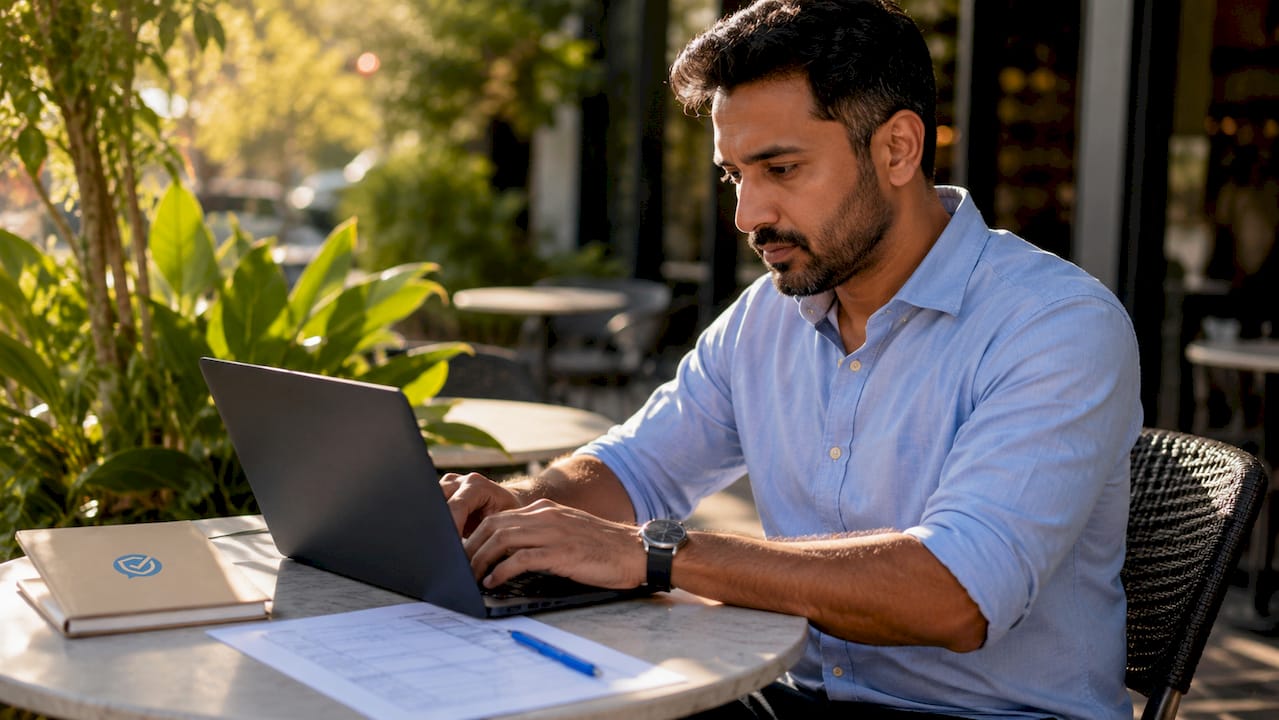 Hands typing on laptop with co-parent log template nearby