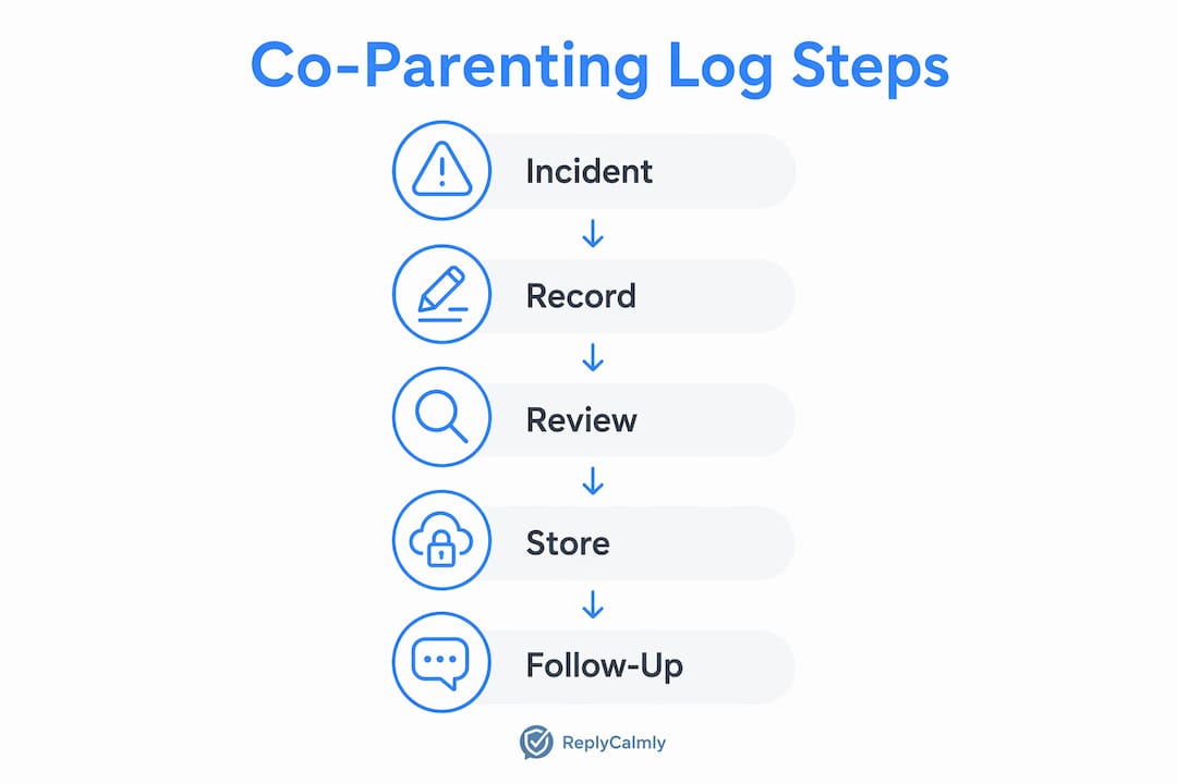 Infographic illustrating step-by-step co-parent logging workflow