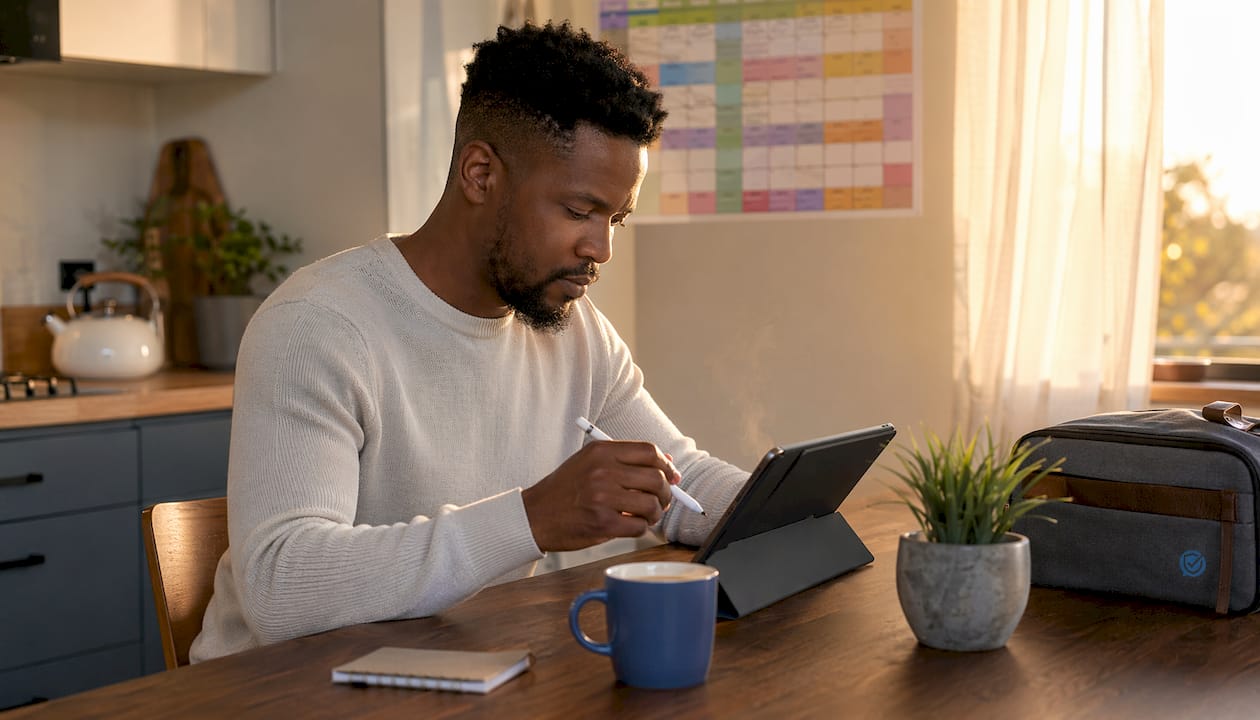 Father logging co-parenting incident notes on laptop