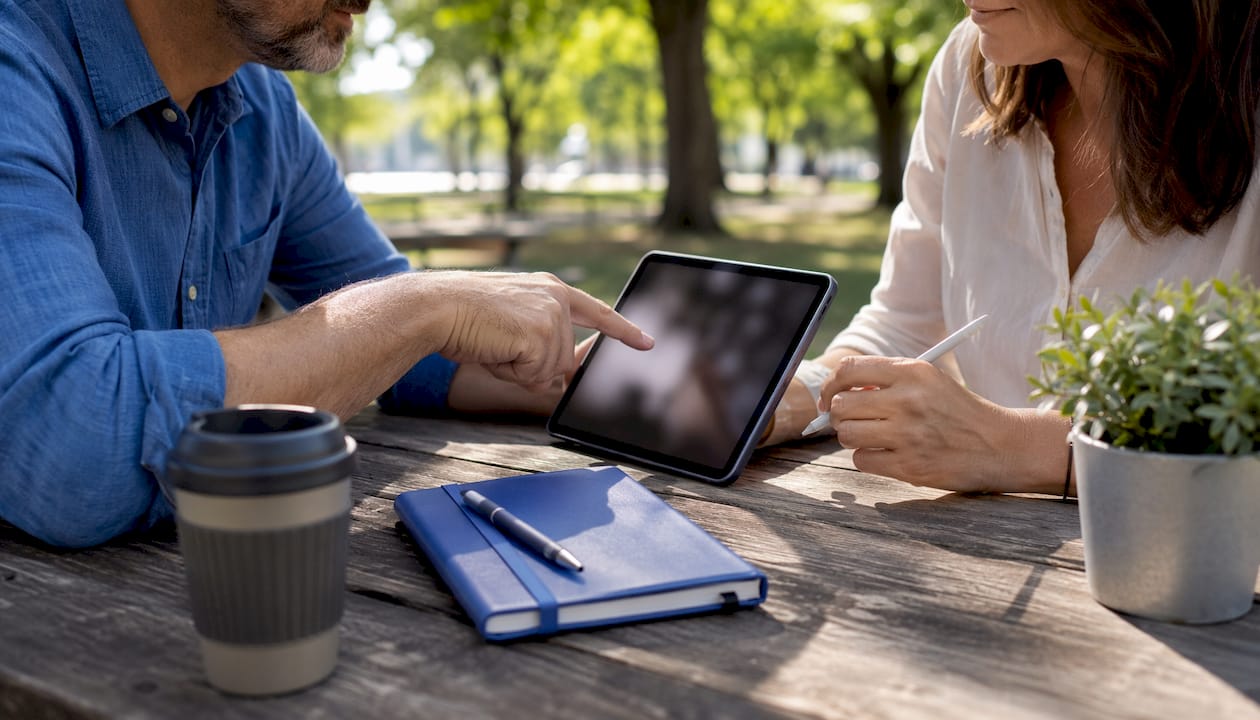 Co-parents using tablet for accountability tools outdoors