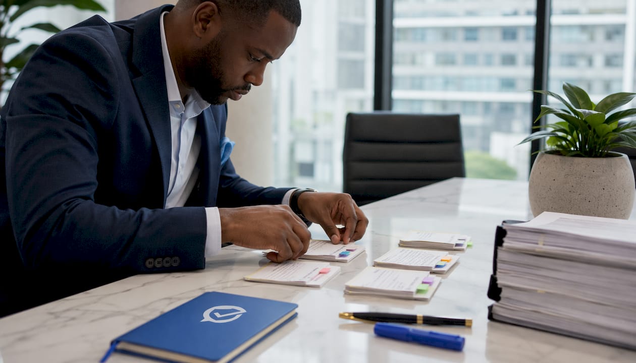 Hands arranging evidence index cards on table