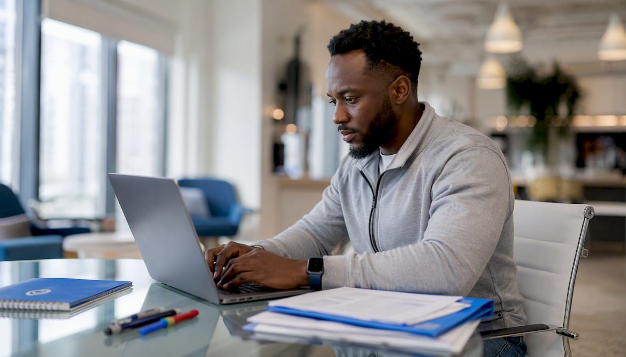 Father typing custody communication records on laptop