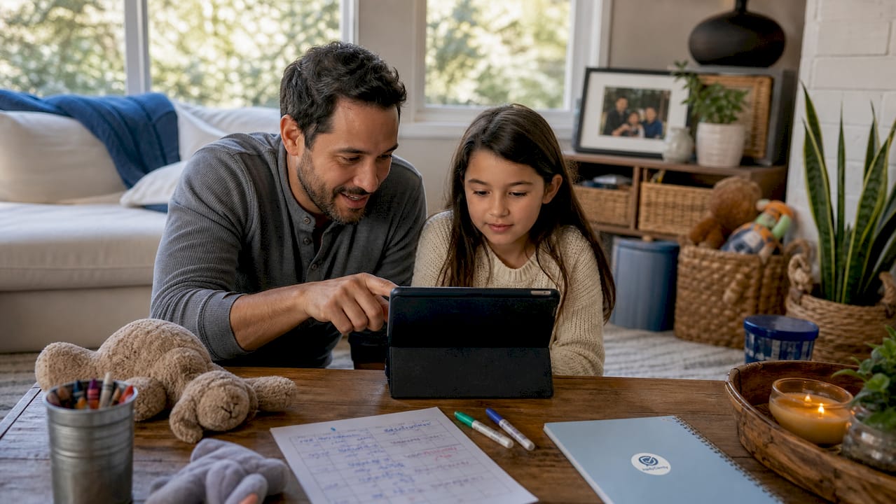 Father and child reviewing co-parenting app
