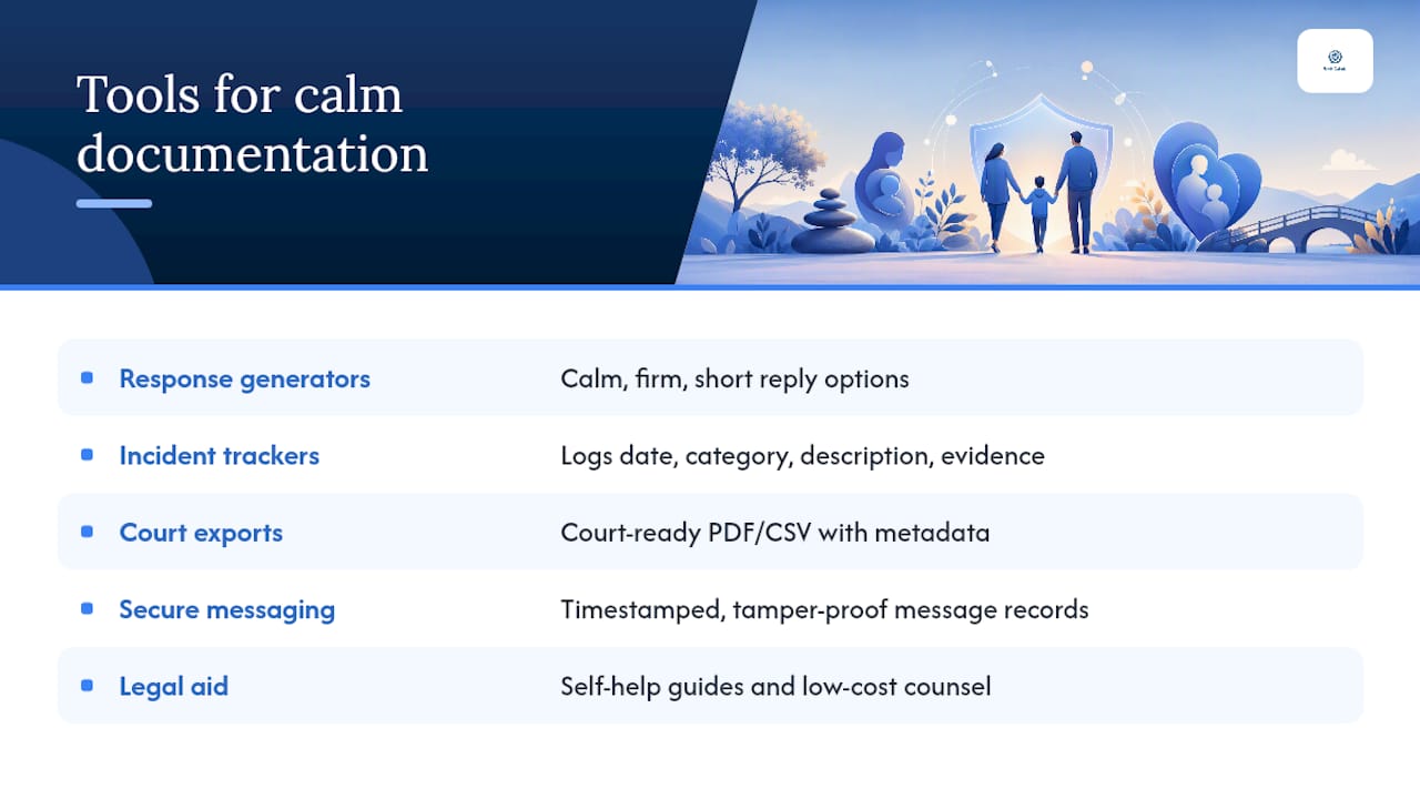 Tools and resources that help you stay calm and build your record — overview diagram