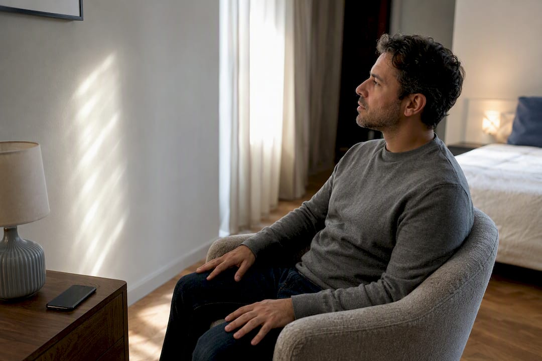 Person pausing peacefully before reply