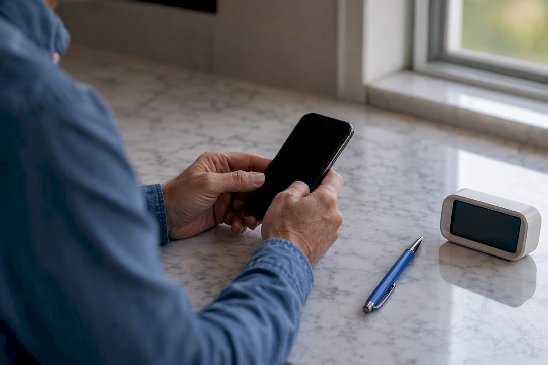 Hands holding phone over desk with clock and pen