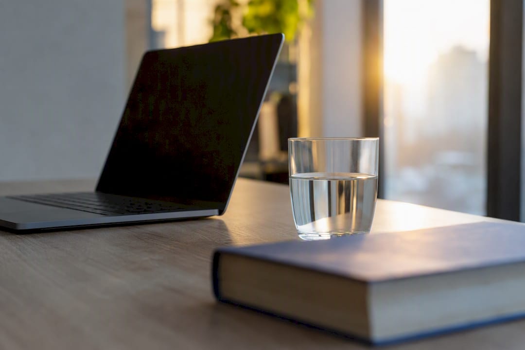 Closed laptop and glass of water on table